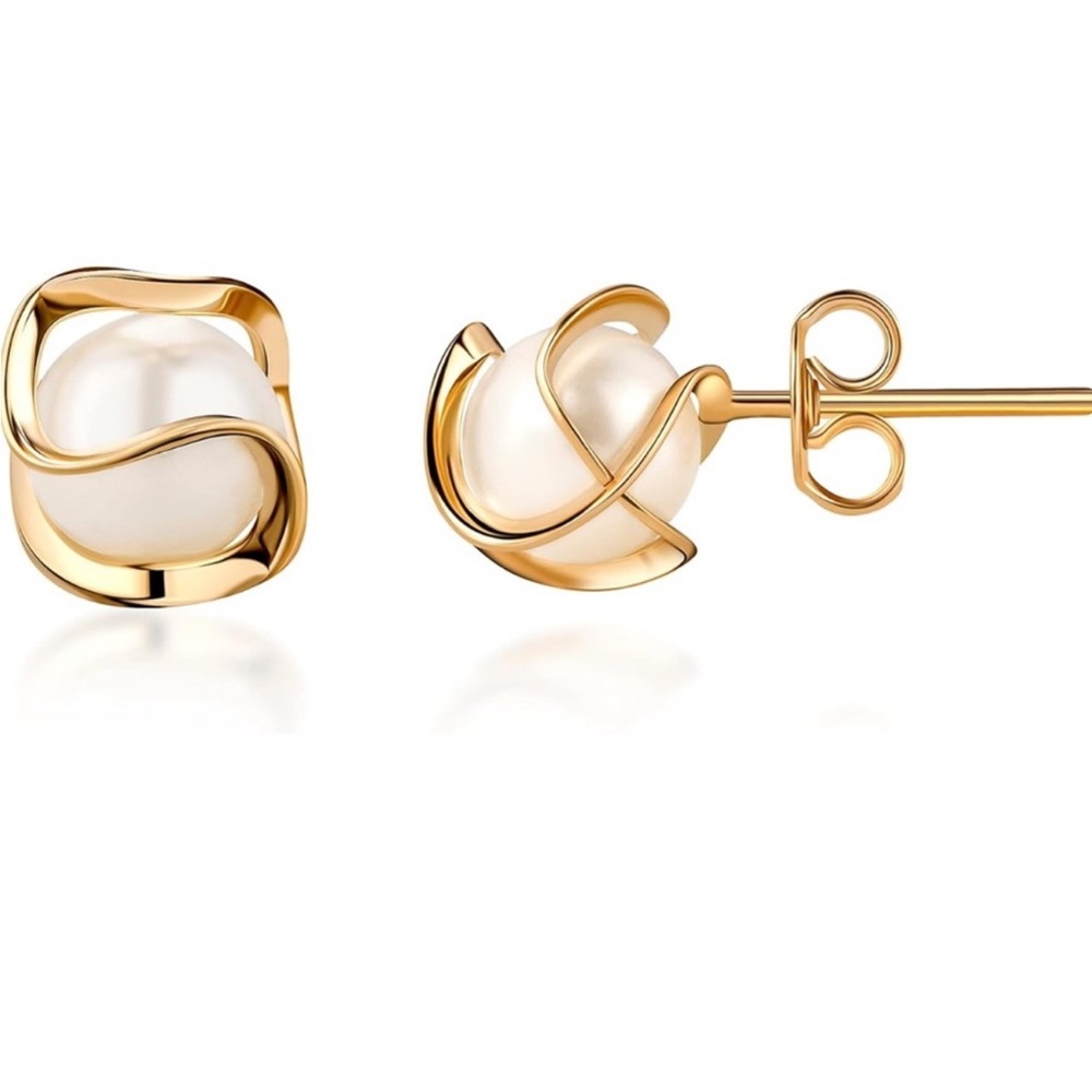 NEW 18K Gold Plated Caged Pearl Stud Earrings, 4MM